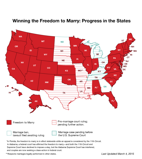 Le mariage homosexuel aux Etats-Unis, mars 2015 Source: freedomtomarry.org