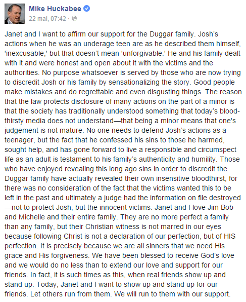 Le message publié par Mike Huckabee sur sa page Facebook