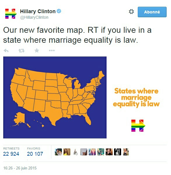 Traduction: Notre nouvelle carte favorite. RT [ce qui signifie retweetez, c'est-à-dire partager le message] si vous vivez dans un état où l'égalité du mariage est loi. 