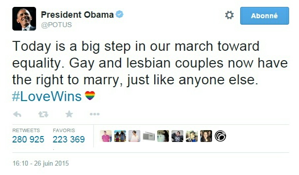 Traduction: Aujourd'hui est un grand pas dans notre marche vers l'égalité. Les couples gays et lesbiens ont désormais le droit de se marier, comme n'importe qui