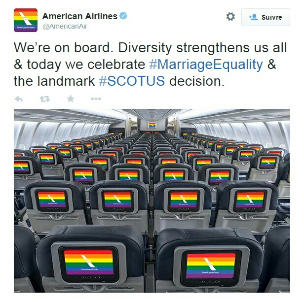 Traduction: Nous sommes à bord. La diversité nous renforce tous & aujourd'hui nous célébrons l'égalité du mariage & la décision majeure de la Cour Suprême [SCOTUS est l'abréviation de Supreme Court Of The United States]