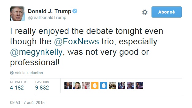 Traduction: J'ai vraiment apprécié le débat ce soir même si le trio de Fox News, particulièrement Megyn Kelly, n'était pas très bon ou professionnel!