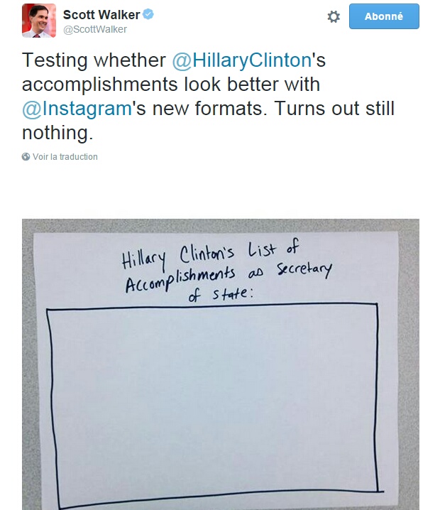 Traduction: En train de tester si les accomplissements d'Hillary Clinton ont l'air meilleurs avec les nouveaux formats d'Instagram. Il s'avère qu'il n'y a toujours rien.