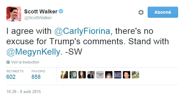Traduction: Je suis d'accord avec Carly Fiorina, il n'y a pas d'excuse aux commentaires de Trump. Soutien à Megyn Kelly.