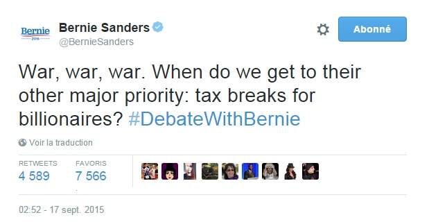 Traduction: La guerre, la guerre, la guerre. Quand vont-ils en venir à leur autre priorité majeure : les exonérations d'impôts pour les milliardaires?