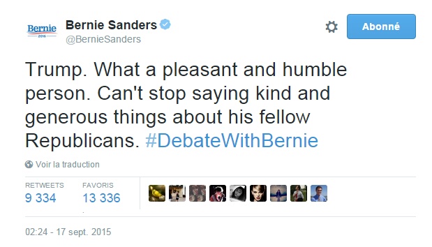 Traduction: Trump. Quelle personne agréable et humble. Il ne peut pas s'arrêter de dire des choses gentilles à propos de ses confrères républicains.