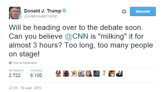 Traduction: Je vais me diriger vers le débat bientôt. Pouvez-vous croire que CNN l'exploite pour presque 3 heures? Trop long, trop de personnes sur la scène!