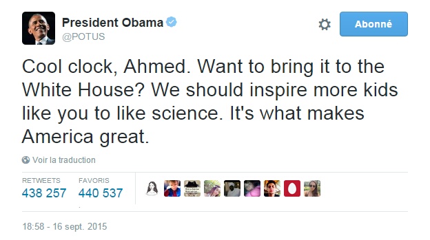 Traduction: Chouette horloge, Ahmed. Veux-tu l'amener à la Maison Blanche? Nous devrions pousser plus d'enfants comme toi à aimer la science. C'est ce qui rend grande l'Amérique.