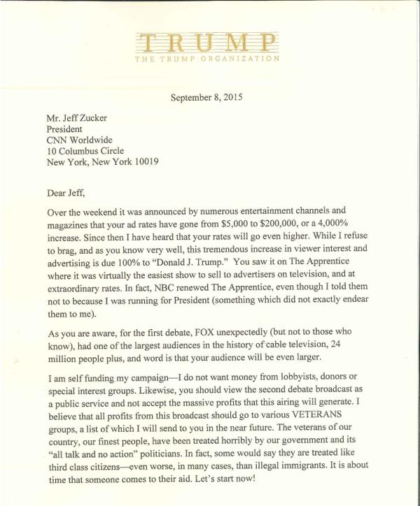 Photo de la lettre envoyée par Donald Trump au président de CNN et publiée par le candidat républicain sur son compte Twitter