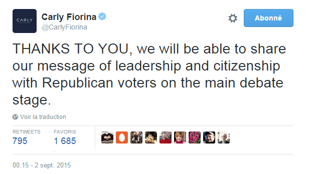 Traduction: GRÂCE À VOUS, nous allons pouvoir partager notre message de leadership et de citoyenneté avec les électeurs Républicains sur la scène débat principal.