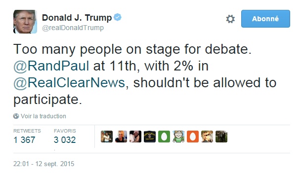 Traduction: Trop de personnes sur scène pour le débat. Rand Paul à la 11ème place, avec 2% dans le sondage de RealClearNews, ne devrait pas être autorisé à participer.