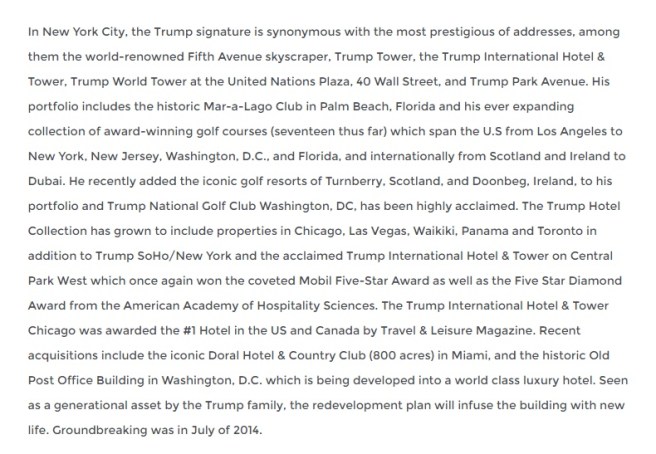 Extrait de la biographie de Donald Trump sur son site web officiel. (Source: donaldjtrump.com)