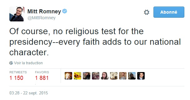 Traduction: Bien sûr, pas de contrôle religieux pour la présidence - chaque croyance contribue à notre caractère national.
