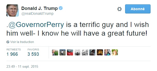 Traduction: Rick Perry est un mec formidable et je lui souhaite du bien - je sais qu'il aura un grand futur !