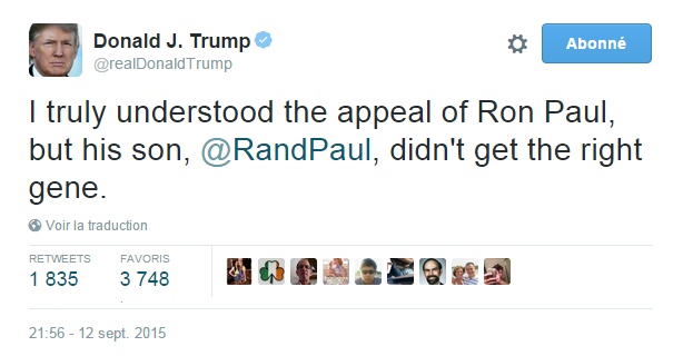 Traduction: Je comprenais parfaitement l'attrait de Ron Paul, mais son fils, Rand Paul, n'a pas reçu le bon gène.