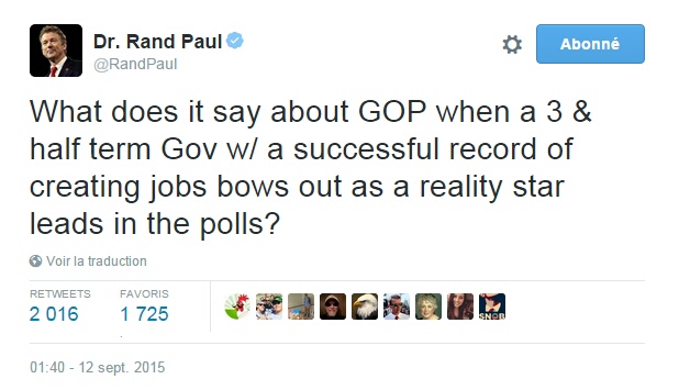 Traduction: Qu'est-ce que cela dit à propos du GOP (Parti Républicain) lorsqu'un gouverneur pendant 3 mandats et demi avec un bilan brillant dans la création d'emplois se retire alors qu'une star de la téléréalité est en tête dans les sondages?