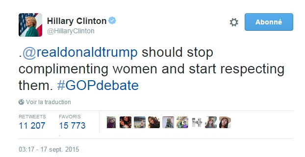 Traduction: Donald Trump devrait arrêter de complimenter les femmes et commencer à les respecter.