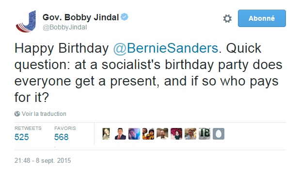 Traduction: Joyeux anniversaire Bernie Sanders. Petite question: à une fête d'anniversaire socialiste est-ce que tout le monde reçoit un cadeau, et si c'est le cas qui paye pour ?
