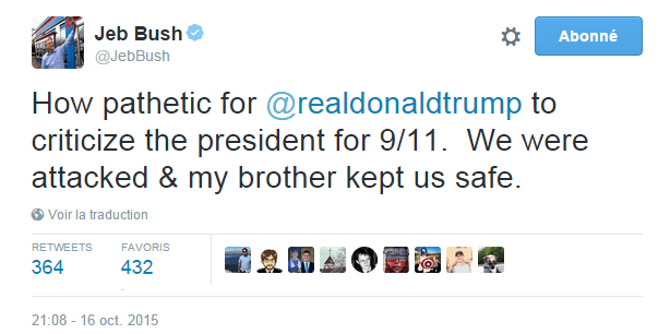 Traduction: Comme c'est pathétique de la part de Donald Trump de critiquer le président pour le 11 septembre. Nous avons été attaqués & mon frère nous a gardé en sécurité.