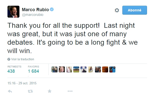Traduction: Merci pour tout votre soutien! La nuit dernière a été géniale, mais ce n'était qu'un débat parmi d'autres. Ce sera une longue bataille & nous allons gagner.