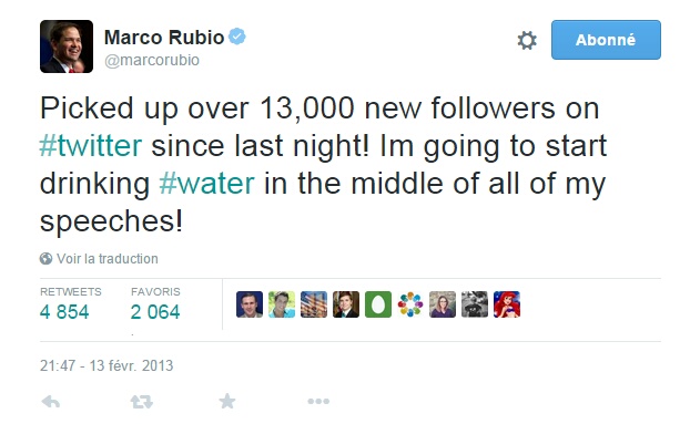 Traduction: J'ai gagné plus de 13,000 nouveaux abonnés sur Twitter depuis hier soir! Je vais commencer à boire de l'eau au milieu de tous mes discours!