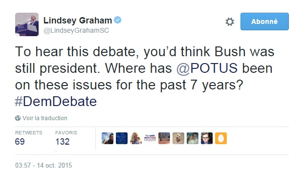 Traduction: A entendre ce débat, on croirait que Bush est encore président. Où était le président Obama sur ces questions ces 7 dernières années?
