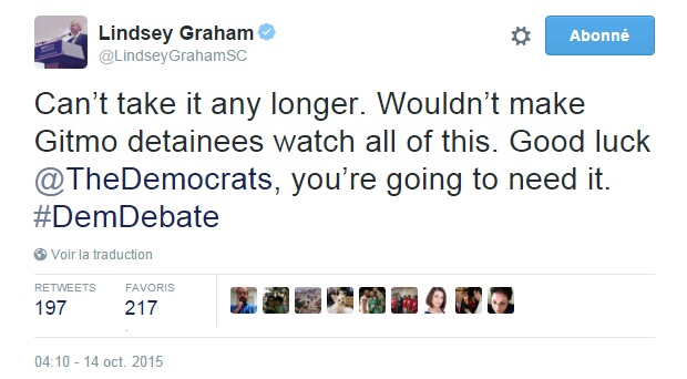 Traduction: Je ne peux pas en entendre davantage. Je ne ferais même pas endurer cela aux détenus de Guantanamo. Bonne chance les Démocrates, vous allez en avoir besoin.