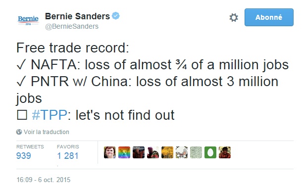 Traduction: Bilan du libre échange : NAFTA: perte de presque 3/4 de million d'emplois PNTR avec la Chine : perte de presque 3 millions d'emplois TPP : Mieux vaut ne pas le découvrir 