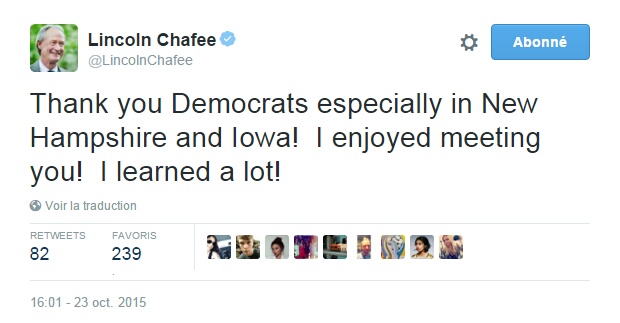 Traduction: Merci aux Démocrates notamment dans le New Hampshire et en Iowa! J'ai adoré vous rencontrer! J'ai beaucoup appris!