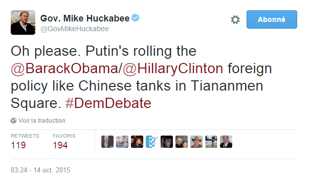 Traduction: Oh par pitié. Poutine roule sur la politique étrangère Obama/Clinton comme des tanks chinois sur la place Tiananmen