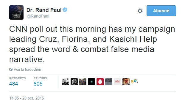 Traduction: Le sondage de CNN de ce matin place ma campagne devant celles de Cruz, Fiorina et Kasich! Aidez à faire passer le mot & à combattre le faux récit des médias.