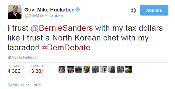 Traduction: J'ai autant confiance en Bernie Sanders avec mes impôts qu'en un cuisinier nord-coréen avec mon labrador!
