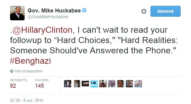 Traduction: Hillary Clinton, je suis impatient de lire la suite d'Hard Choices, "Dures réalités : Quelqu'un aurait dû répondre au téléphone" #Benghazi