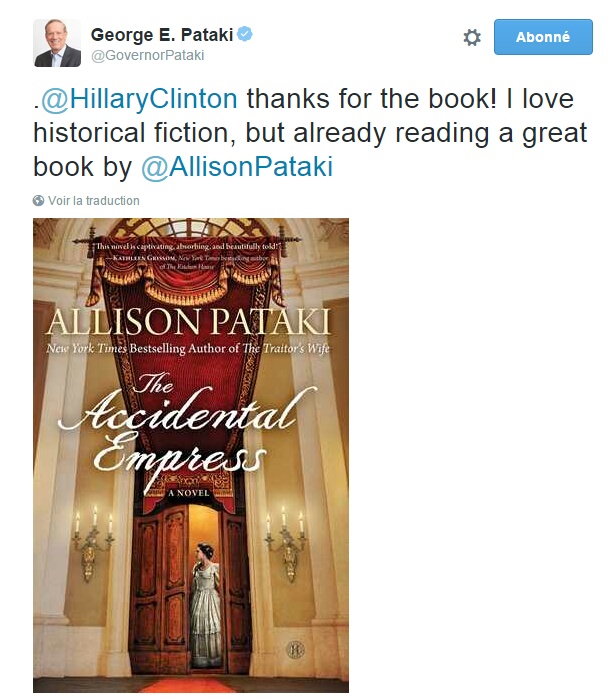 Traduction: Merci pour le livre! J'aime la fiction historique, mais je suis déjà en train de lire un bon livre d'Allison Pataki