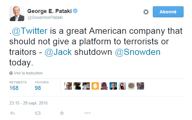 Traduction: Twitter est une grande entreprise américaine qui ne devrait pas donner une tribune aux terroristes ou aux traîtres - Jack (en référence à Jack Dorsey, le patron de Twitter) fermez le compte d'Edward Snowden aujourd'hui.