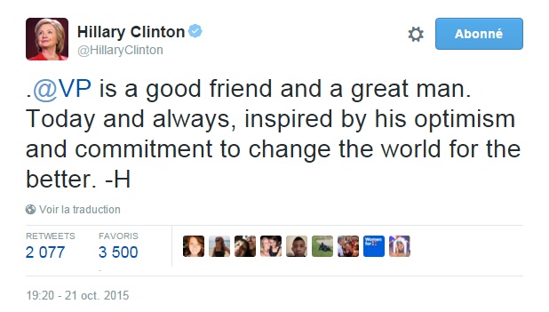 Traduction: Joe Biden est un bon ami et un grand homme. Aujourd'hui et pour toujours, je suis inspirée par son optimisme et son engagement à changer le monde pour le meilleur.