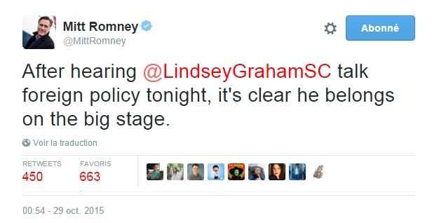 Traduction: Après avoir écouté Lindsey Graham parler de politique étrangère ce soir, il est clair qu'il appartient à la cour des grands.