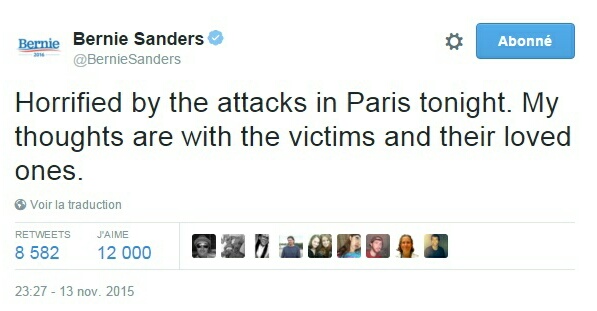 Traduction: Horrifié par les attaques à Paris ce soir. Mes pensées vont aux victimes et à leurs proches.
