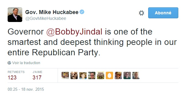 Traduction: Le gouverneur Bobby Jindal est l'une des personnes les plus intelligentes de notre Parti Républicain.