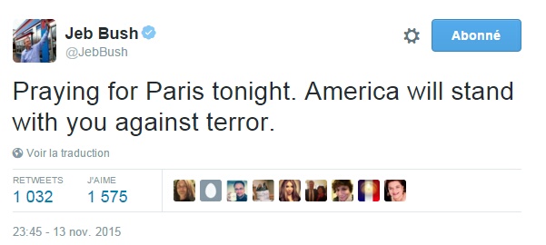 Traduction: Je prie pour Paris ce soir. L'Amérique se tiendra à vos côtés contre le terrorisme.