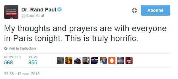 Traduction: Mes pensées et prières sont avec tout le monde à Paris ce soir. C'est vraiment horrible