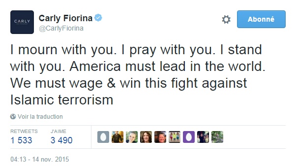 Traduction: Je pleure avec vous. Je prie avec vous. Je suis avec vous. L'Amérique doit être un leader dans le monde. Nous devons combattre & gagner cette bataille contre le terrorisme Islamique