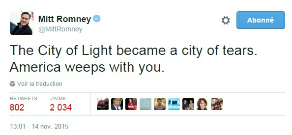 Traduction: La Ville Lumière est devenue une ville de larmes. L'Amérique pleure avec vous.