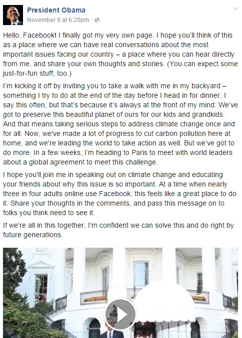 La première publication de Barack Obama sur Facebook