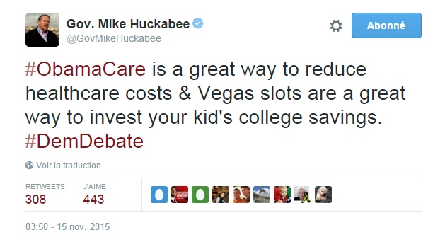 Traduction: Obamacare est un super moyen de réduire les coûts des soins de santé & les machines à sous de Vegas sont un super moyen d'investir dans l'épargne pour l'éducation de vos enfants.