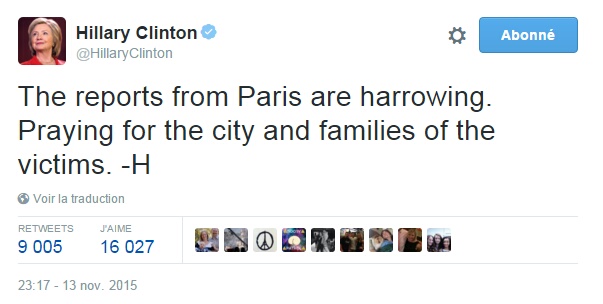 Traduction: Les annonces venant de Paris sont atroces. Je prie pour la ville et les familles des victimes.