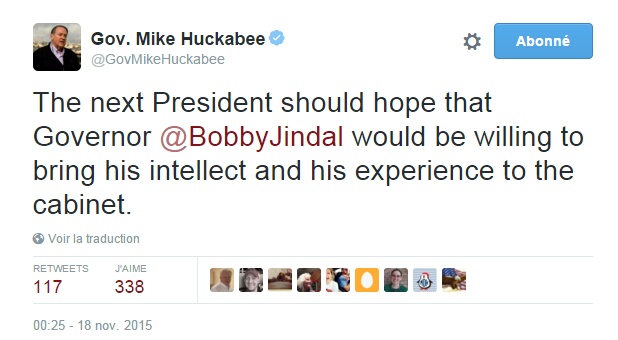 Traduction: Le prochain Président devrait espérer que le gouveneur Bobby Jindal soit disposé à apporter son intelligence et son expérience au sein de son cabinet.