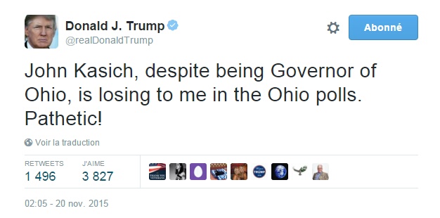Traduction: John Kasich, bien qu'étant gouverneur de l'Ohio, perd contre moi dans les sondages en Ohio. Pathétique!