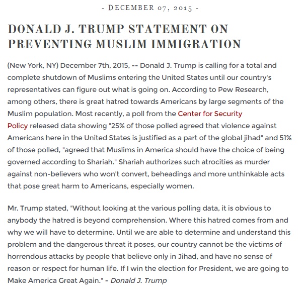 Le communiqué de Donald Trump tel que publié sur son site web (source: donaldjtrump.com)