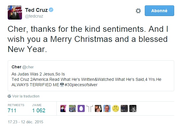 Traduction: Cher, merci pour les gentils sentiments. Et je vous souhaite un Joyeux Noël et une bonne année.